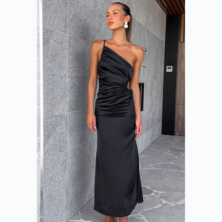 Sultry Satin One Shoulder Maxi Dress with Asymmetrical Style    