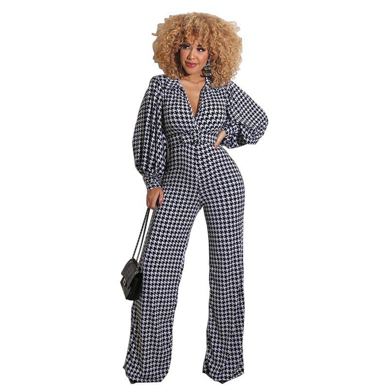 Spring Bubble Sleeve Printed Jumpsuit for Plus Size Women    