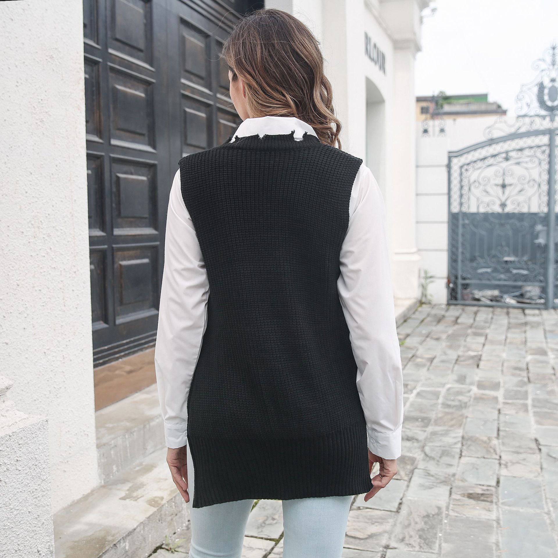 Unique Split V-neck Zipper Knitted Sweater Vest for Women    