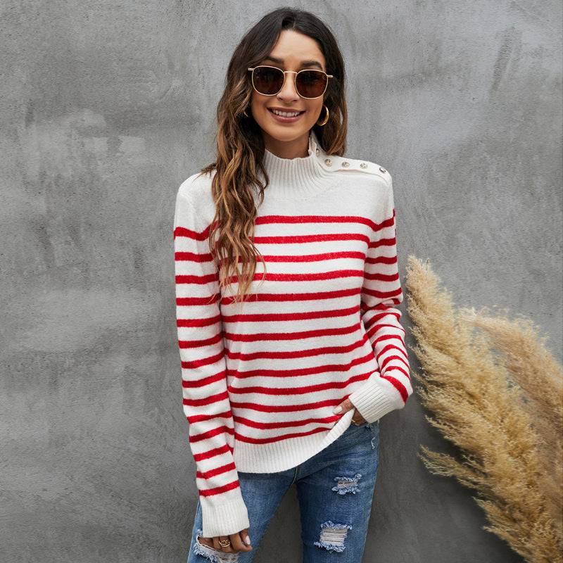 Striped Sweater with Stand Collar and Button Detail    