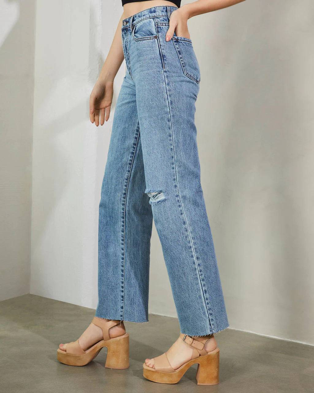 High-Rise Frayed Hem Straight Leg Denim Pants for Women    