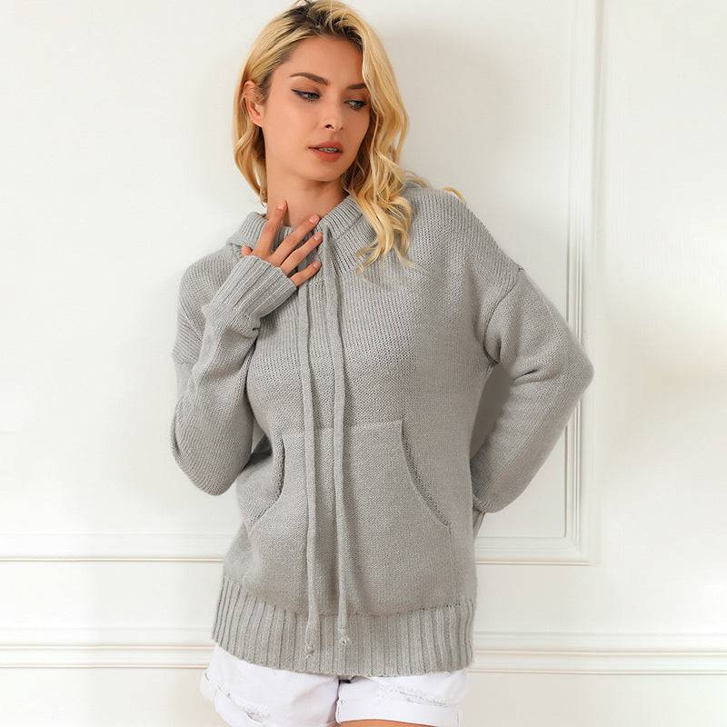 Hooded Knitwear with Drawstring Pocket for Women    