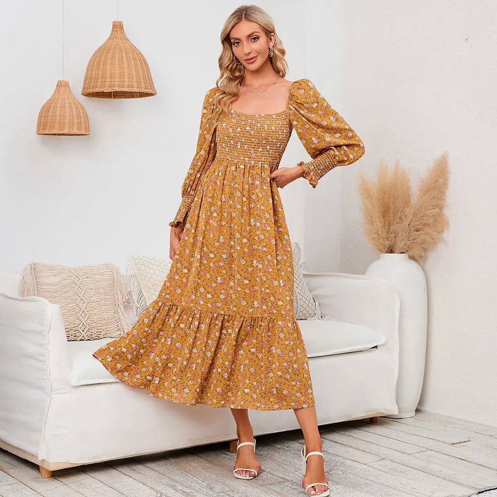 Elegant Spring Floral Chiffon Maxi Dress with Long Sleeves    