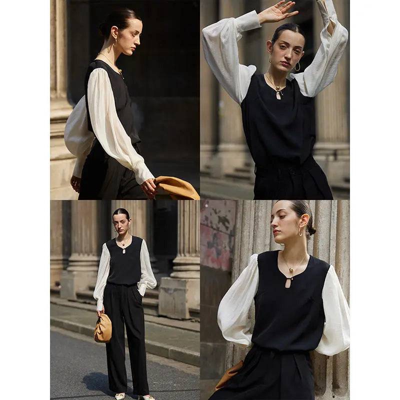 Sophisticated French Minority Contrast Color Stitching Shirt with Sheep Hooves Sleeves    