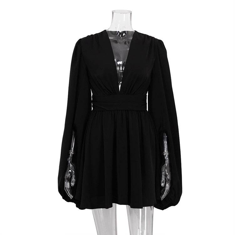 Spring Elegance Collection: Black V-Neck Puff Sleeve A-Line Dress with Abdomen Control    