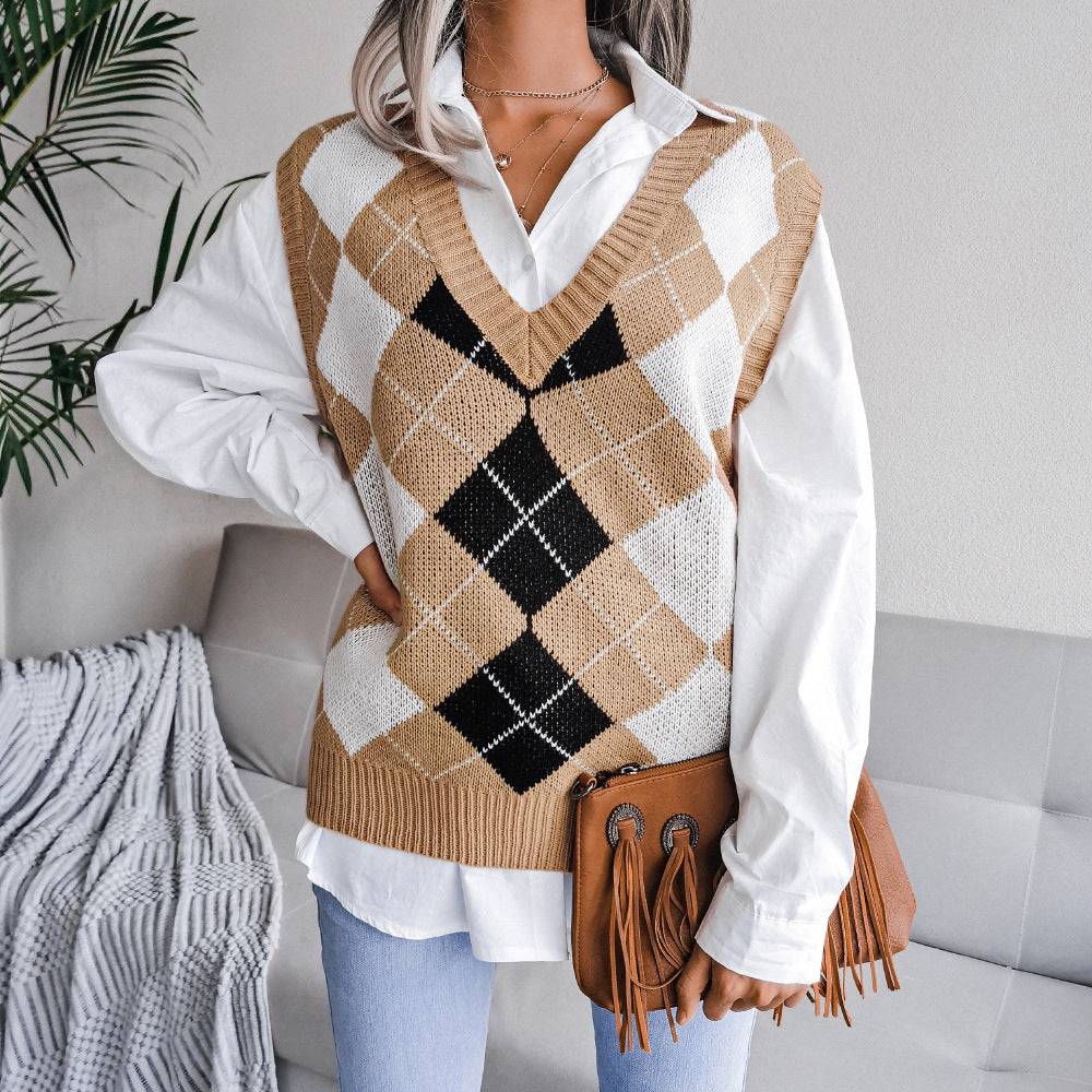 Stylish Rhombus V-Neck Knit Vest Sweater for Women    