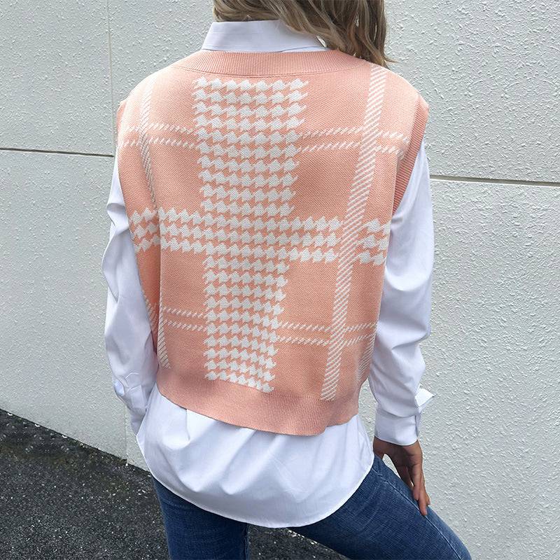 Houndstooth Knitted Vest for Women's Autumn and Winter Fashion    