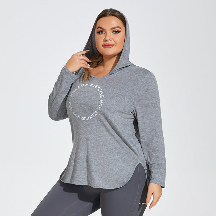 Printed Logo Sports Long Sleeve Hooded Top for Plus Size Women    