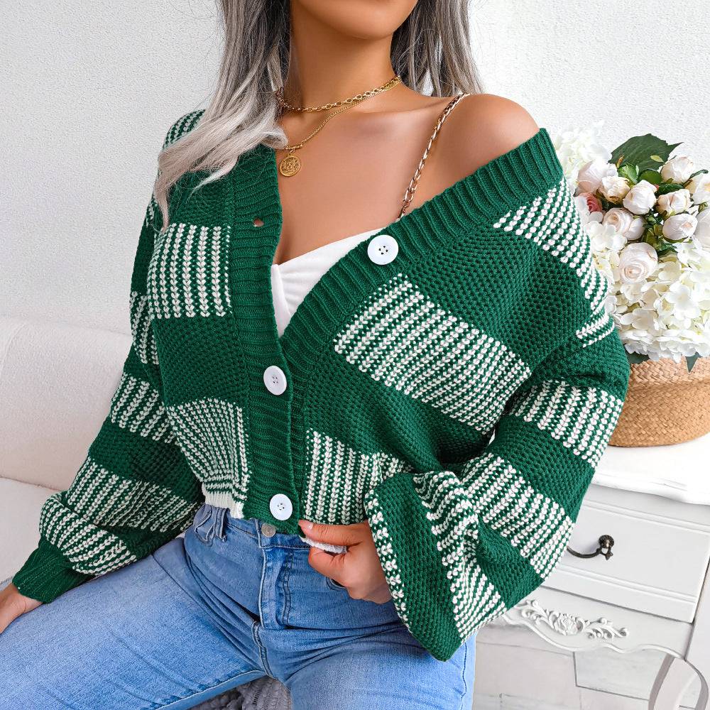 Striped Lantern Sleeve Cardigan Sweater for Women    