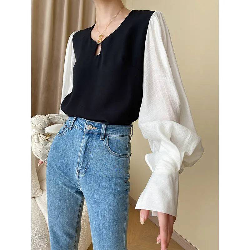 Sophisticated French Minority Contrast Color Stitching Shirt with Sheep Hooves Sleeves    