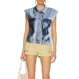 Sleeveless Collared Denim Vest with Unique Stitching for Women    