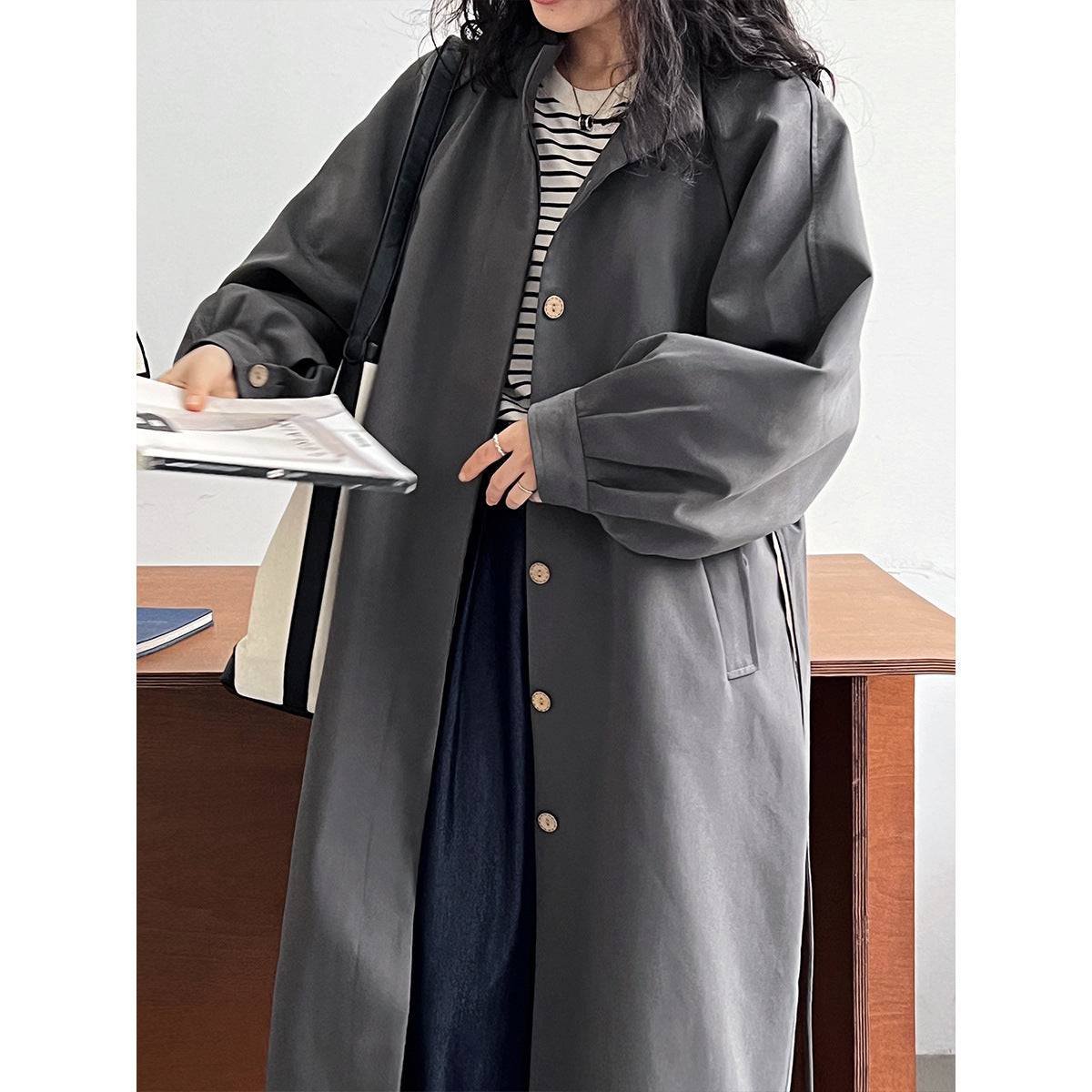 Korean Style Loose Fit Spring/Fall Trench Coat with Puff Sleeves and Waist Control    