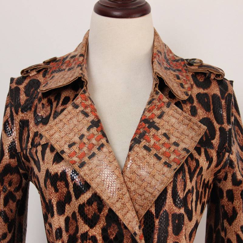 Goddess-Inspired Snakeskin Leopard Print Long Trench Coat    