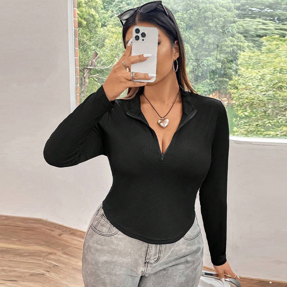 Plus Size Women's Zipper Stand Collar Long Sleeve Slim Fit Shirt    