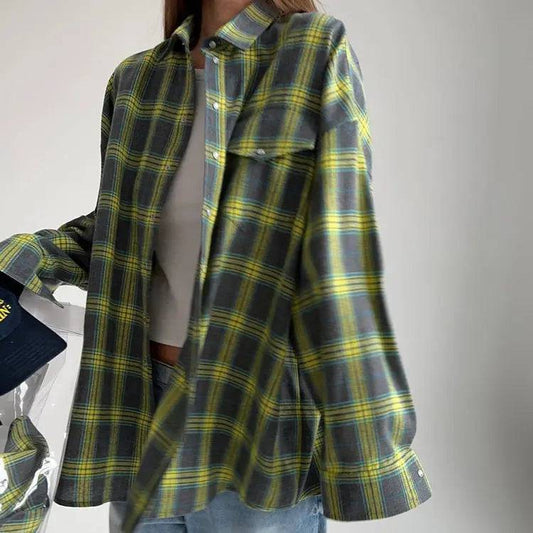 Retro Plaid Long Sleeve Collared Loose Shirt for Women    