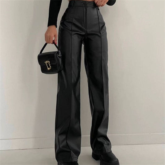 Stylish Women's High Rise Faux Leather Straight Leg Pants    