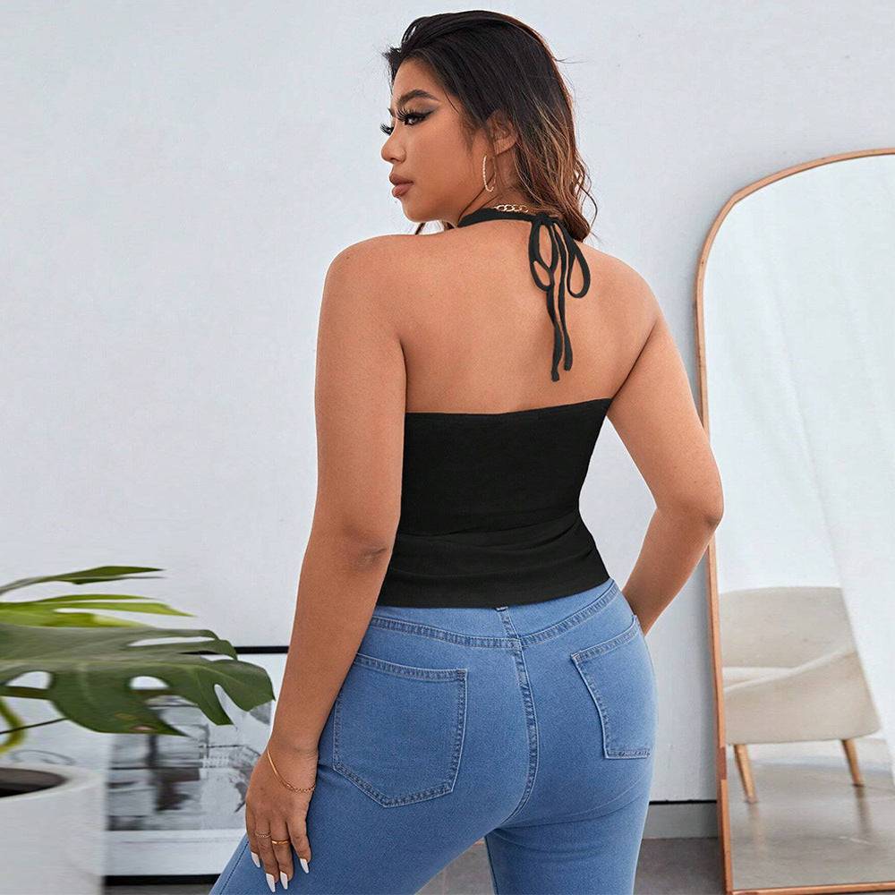 Women's Plus Size Slim Fit Asymmetric Hem Halter Sleeveless Tank Top    