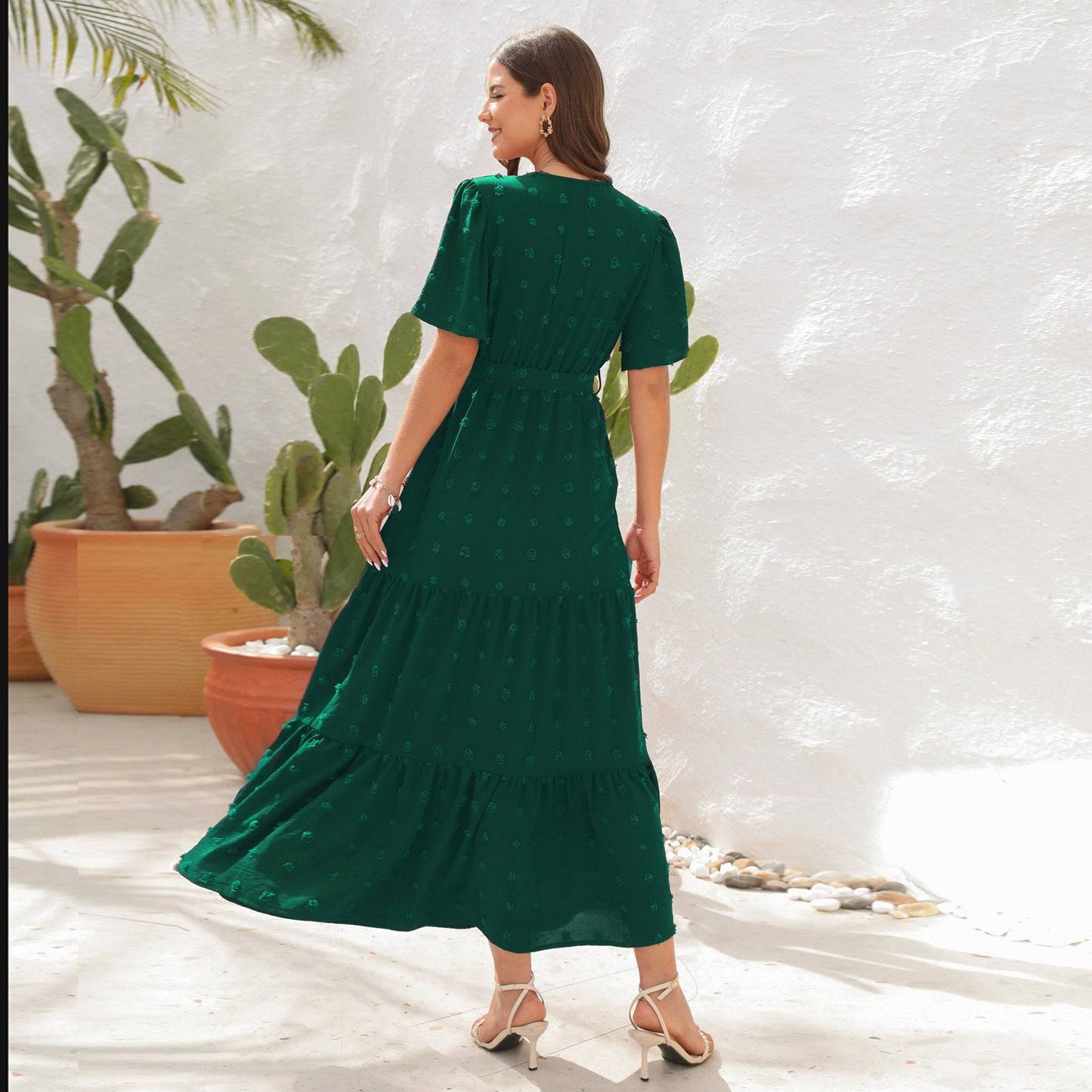 V-Neck Maxi Dress with Belted Waist and Butterfly Sleeves - Perfect for Summer Vacation    