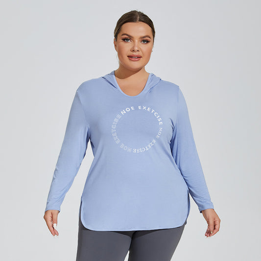 Printed Logo Sports Long Sleeve Hooded Top for Plus Size Women    