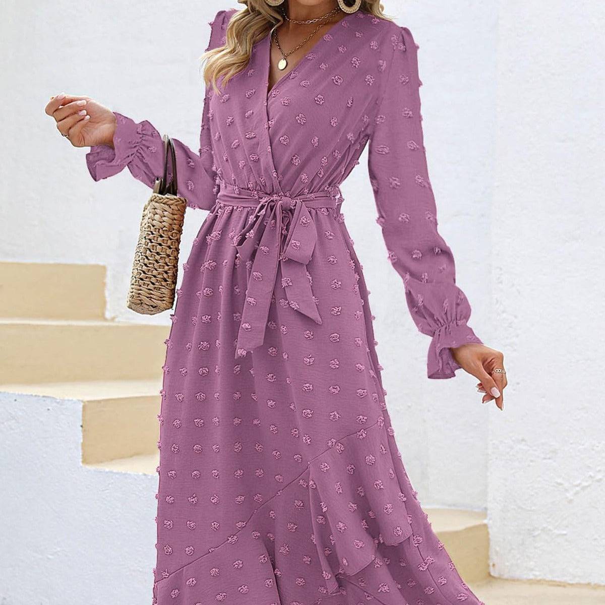 Elegant Swiss Polka Dot Long Sleeve Maxi Dress for Women    