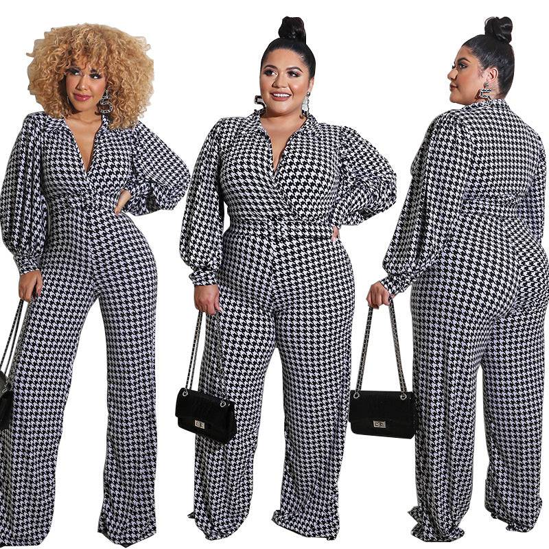 Spring Bubble Sleeve Printed Jumpsuit for Plus Size Women    