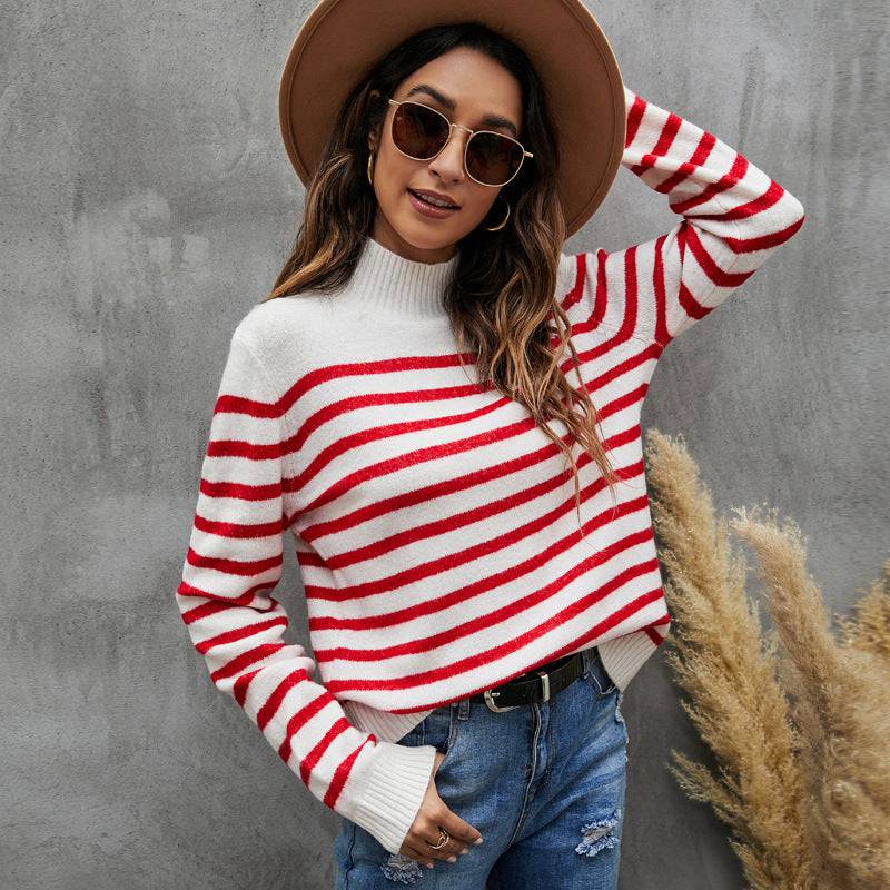 Striped Sweater with Stand Collar and Button Detail    