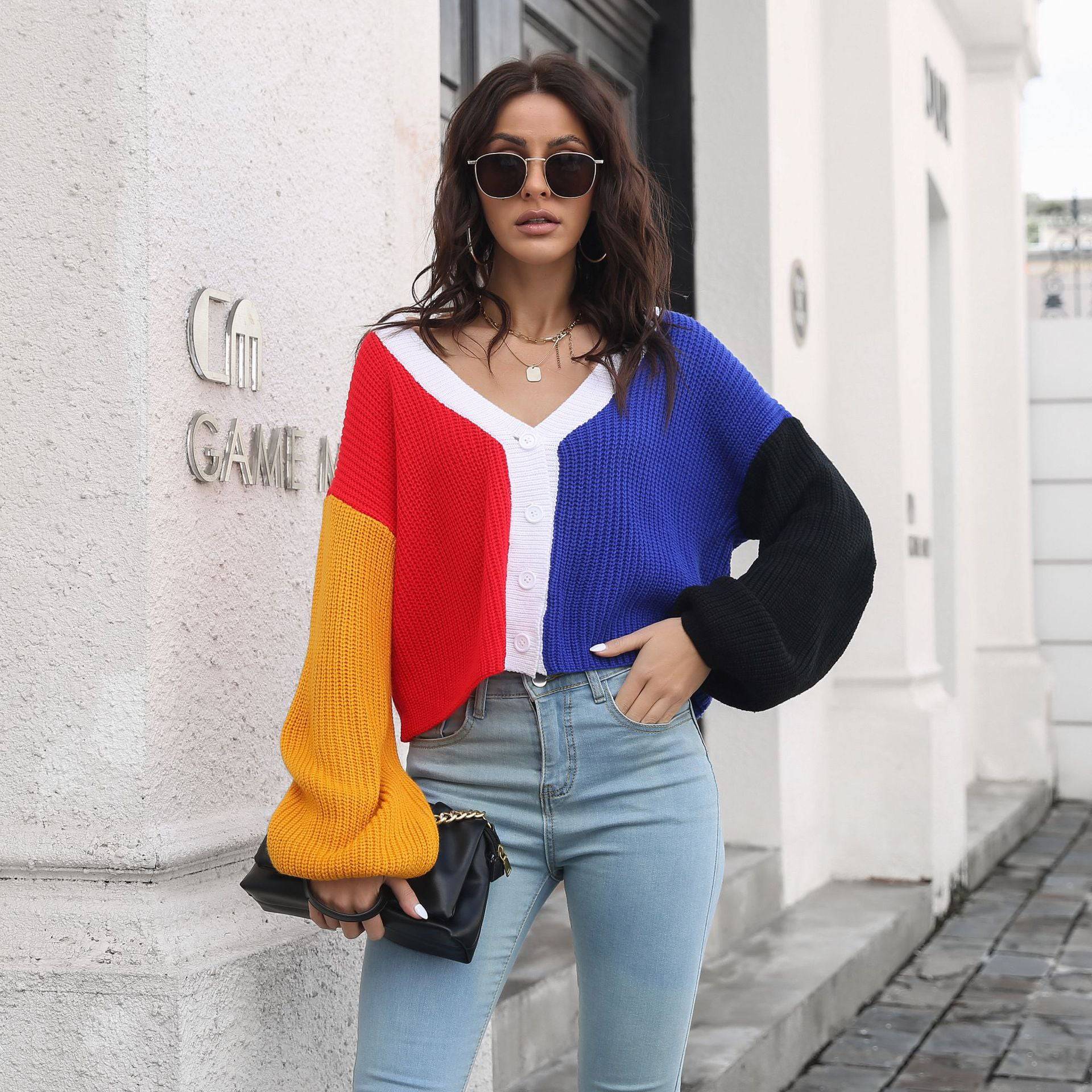 Stylish Color Block Knitted Cardigan with Lantern Sleeves    