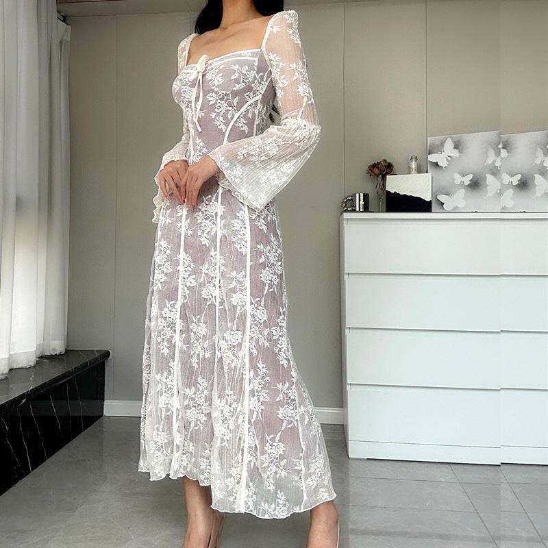 Square Neck Midi Floral Lace A-Line Dress for Women    