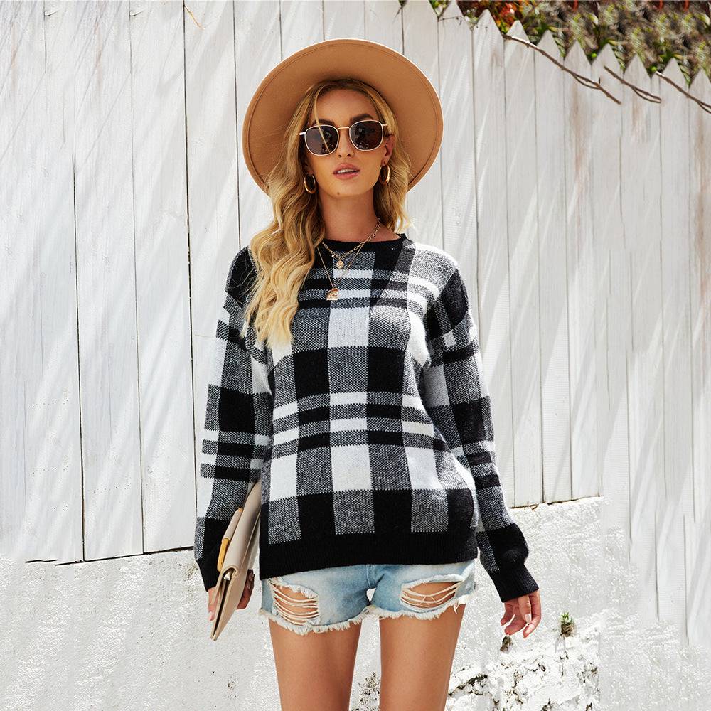 Plaid Knit Pullover for Women    