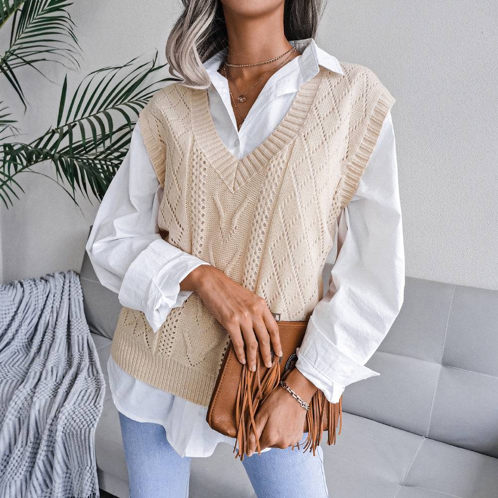 Twist V-Neck Knitted Vest Sweater for Women with Cutout Design    