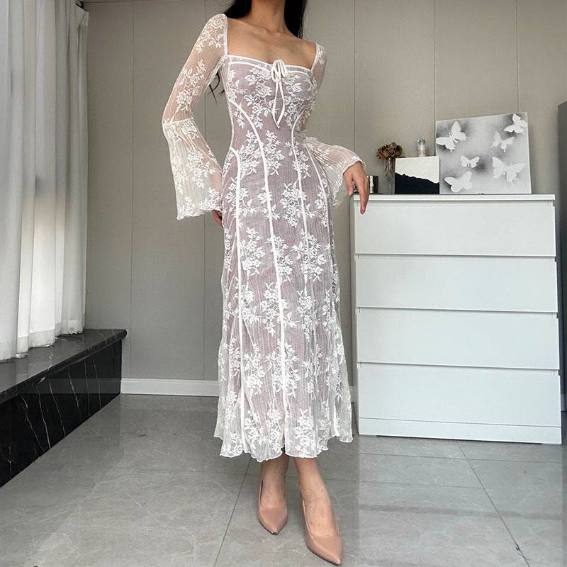 Square Neck Midi Floral Lace A-Line Dress for Women    