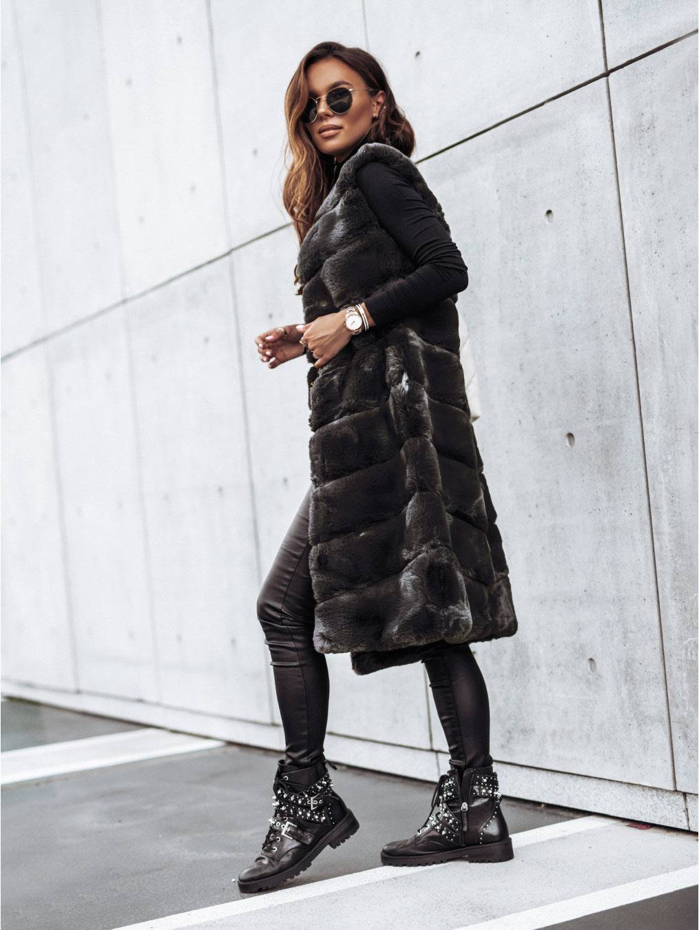 Fur-lined Long Vest Coat for Women's Autumn/Winter Casual Wear    