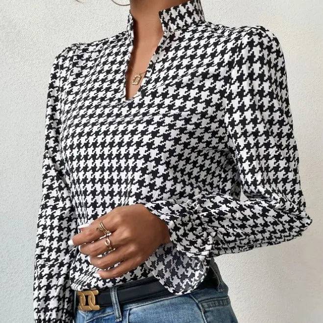 Spring/Summer Houndstooth V-Neck Long Sleeve Top for Women    