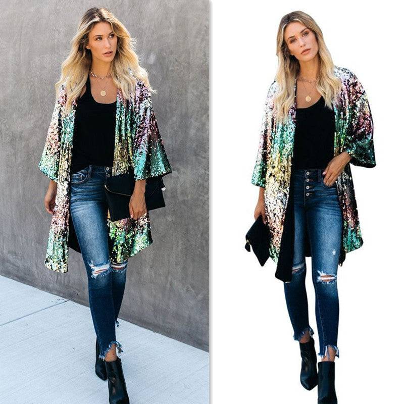 Sequined Print Polyester Trench Coat with Three-Quarter Sleeves for Women    