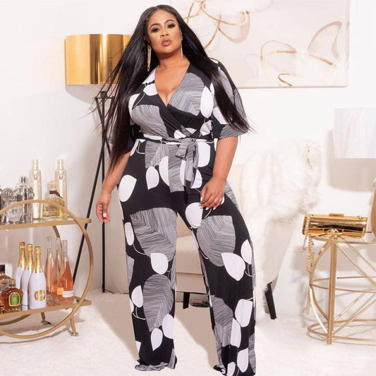 Plus Size Black and White Print Jumpsuit for Office and Casual Wear    