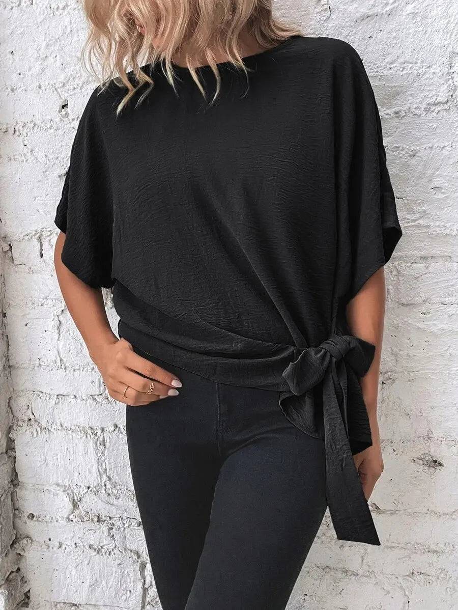 Summer Loose-Fit Batwing Sleeve Knotted T Top for Women    