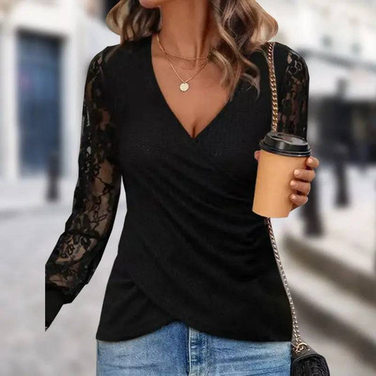 Elegant Waffle Patchwork Lace Long Sleeve Pullover for Women    