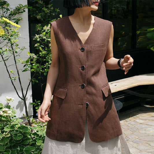 Slim Fit Sleeveless Linen Vest Cardigan for Women    