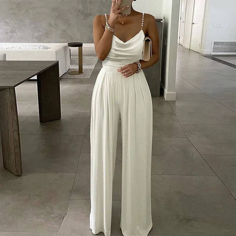 Pearl Chain Backless Wide Leg Jumpsuit    