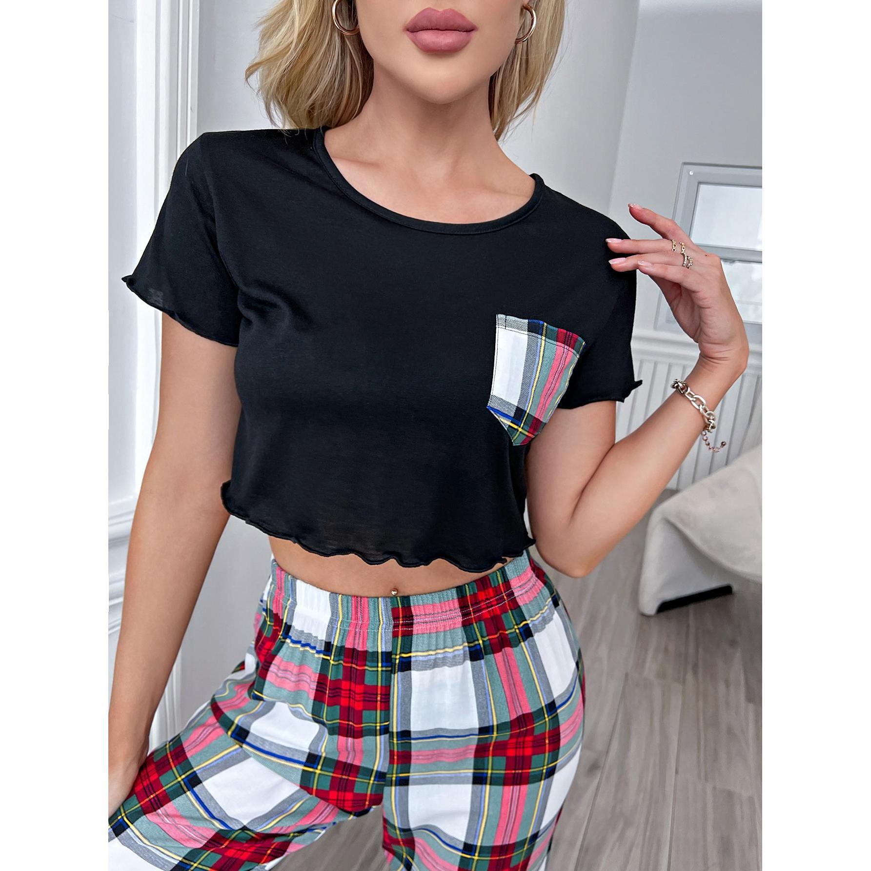 Plaid Home Wear Set with Short Sleeve Top and Full-Length Trousers for Women    