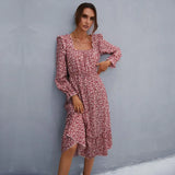 Spring Blossom Midi-Length Floral Dress with Square Collar    