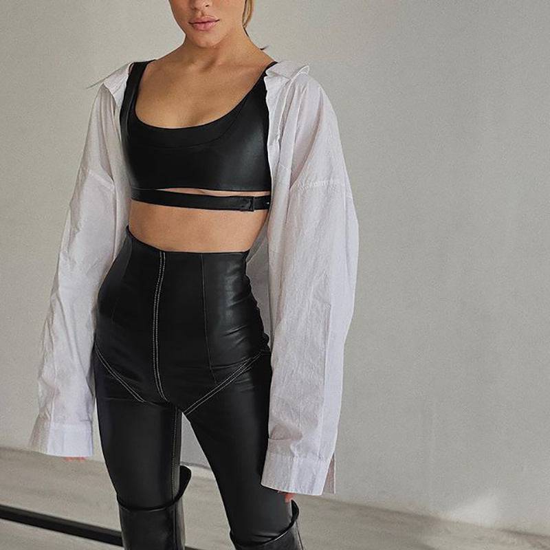 Stretch Faux Leather High-Waisted Leggings with Hip-Lifting Stitch Detail    