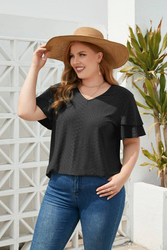 Summertime V-Neck Polyester T-Shirt for Plus Size Ladies    