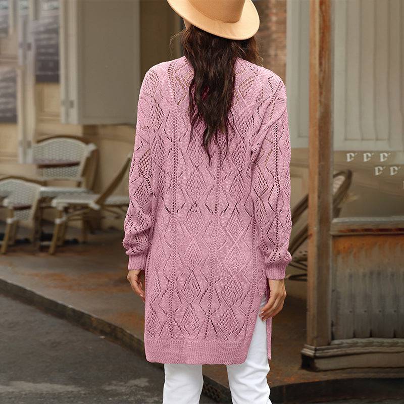 Elegant Solid Color Hollow Out Long Sleeve Cardigan for Women    