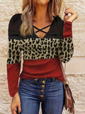 Leopard Print V-Neck Cotton Top for Women - Casual Long Sleeve Shirt with Cutout Detail    