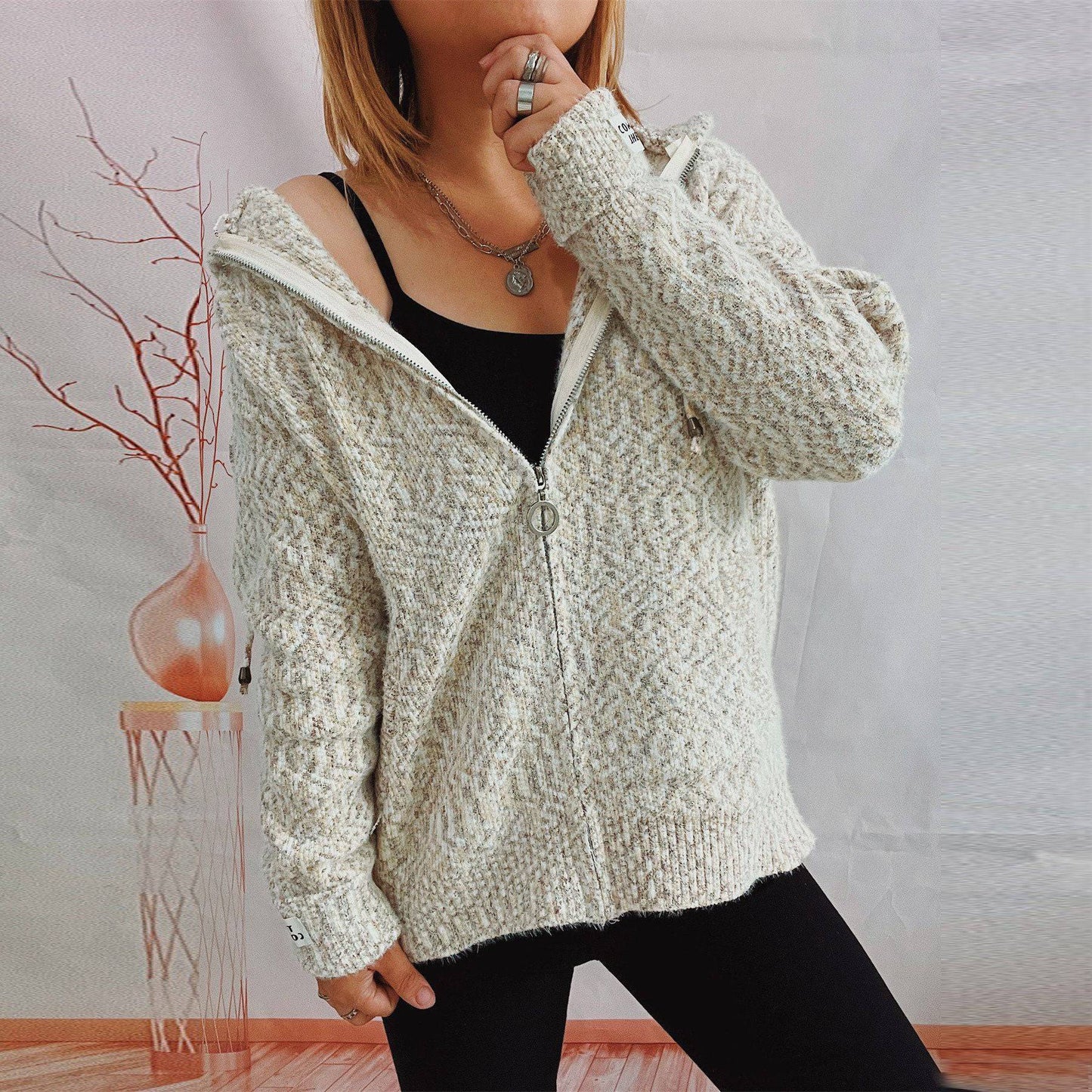 Women's Hooded Zipper Pocket Knitted Sweater Cardigan for Cozy Winter Style    