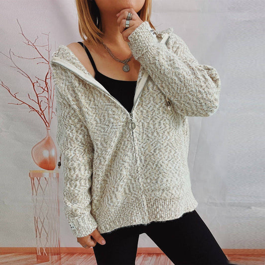 Women's Hooded Zipper Pocket Knitted Sweater Cardigan for Cozy Winter Style    