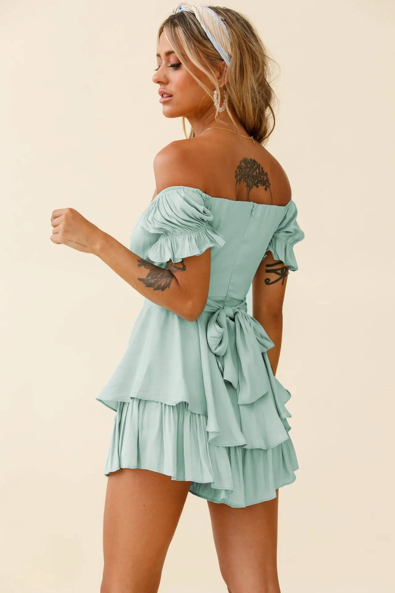 Elegant Off-Shoulder Short Romper with Puff Sleeves for Summer Women's Clothing    