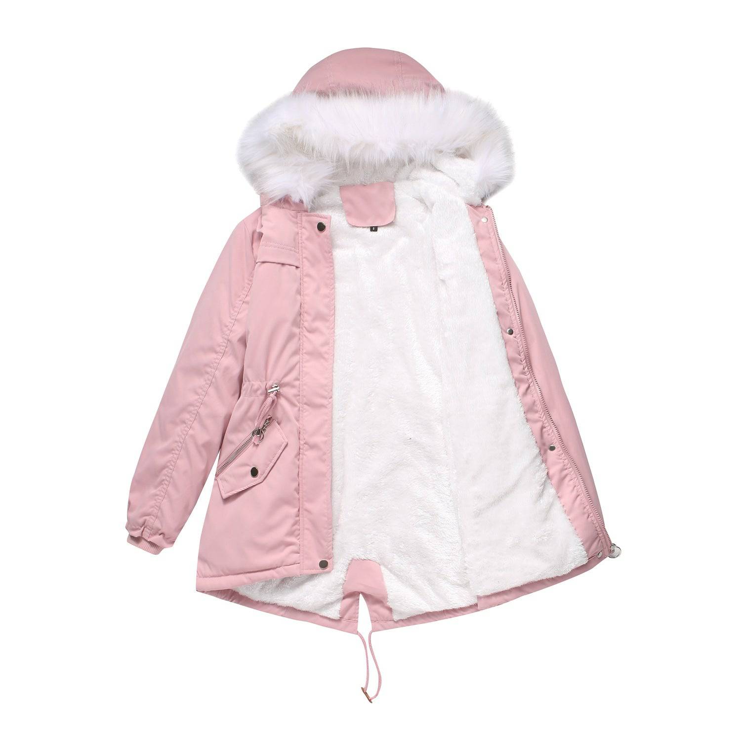 White Fur Collar Parka: Women's Mid-Length Hooded Winter Coat with Cotton Padding    