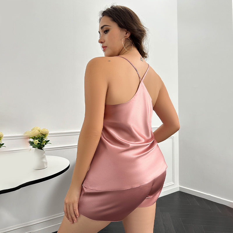 Seductive Plus Size Satin Backless Pajama Set    